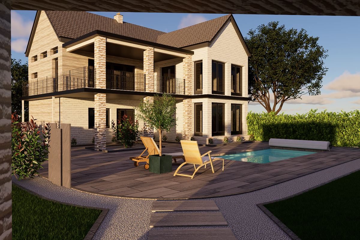 Terrasse en dalle aspect bois avec piscine et olivier en bac devant une maison traditionnelle