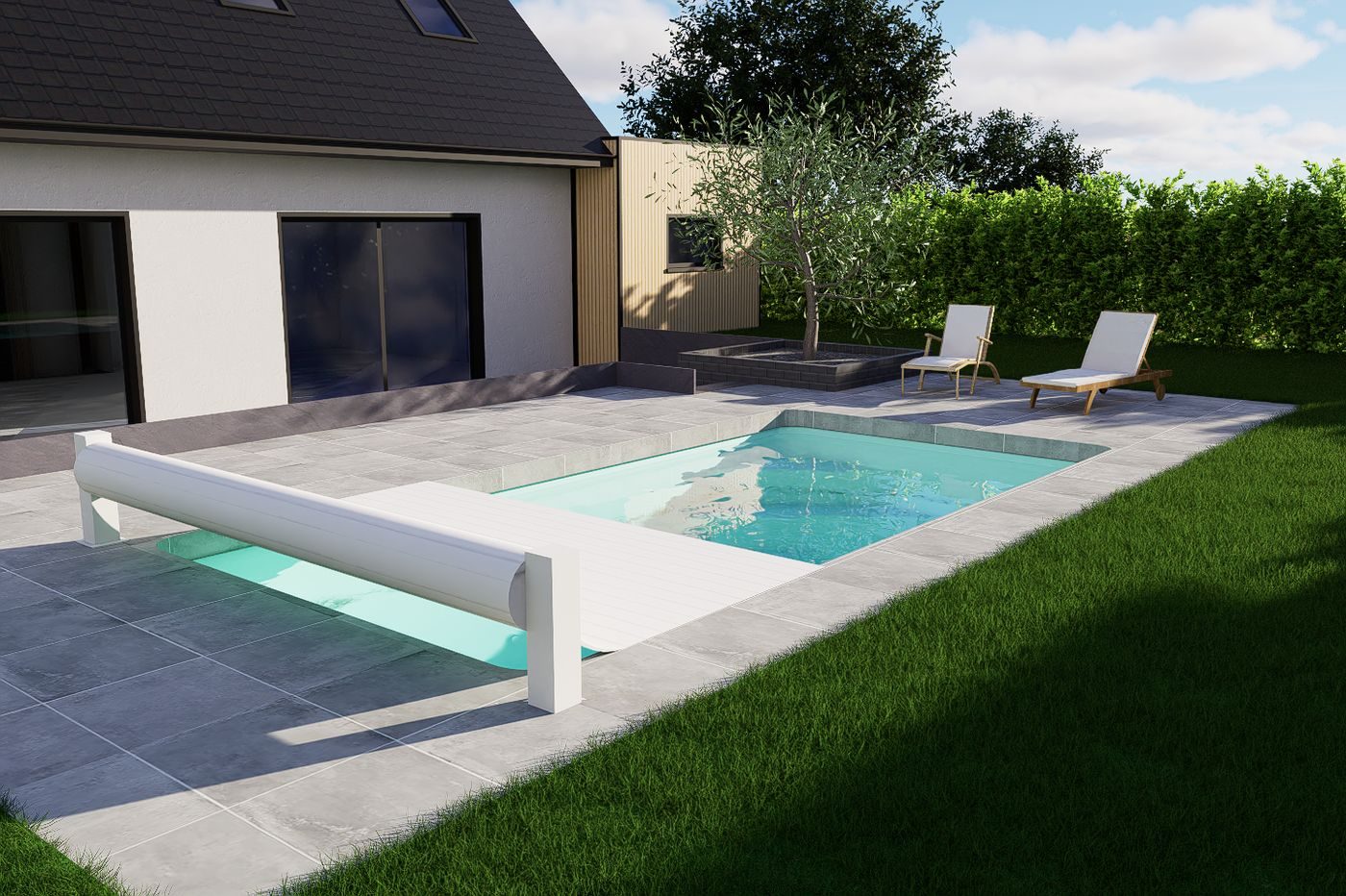 Piscine 6 par 3 metres et terrasse en dalle ceramique grise le long d'un pavillon alsacien