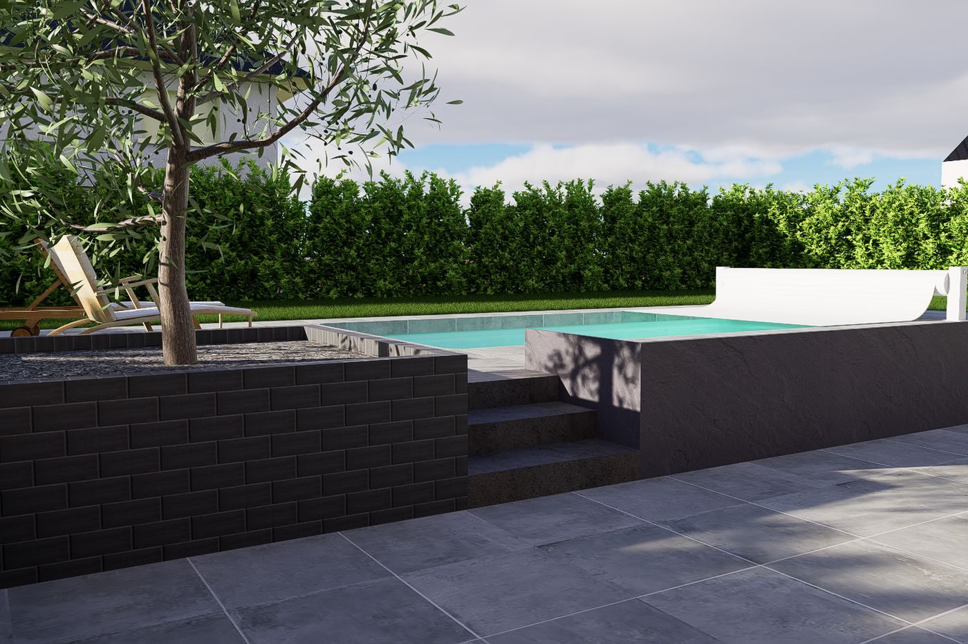 Jardiniere en palis d'ardoise plantee d'un olivier