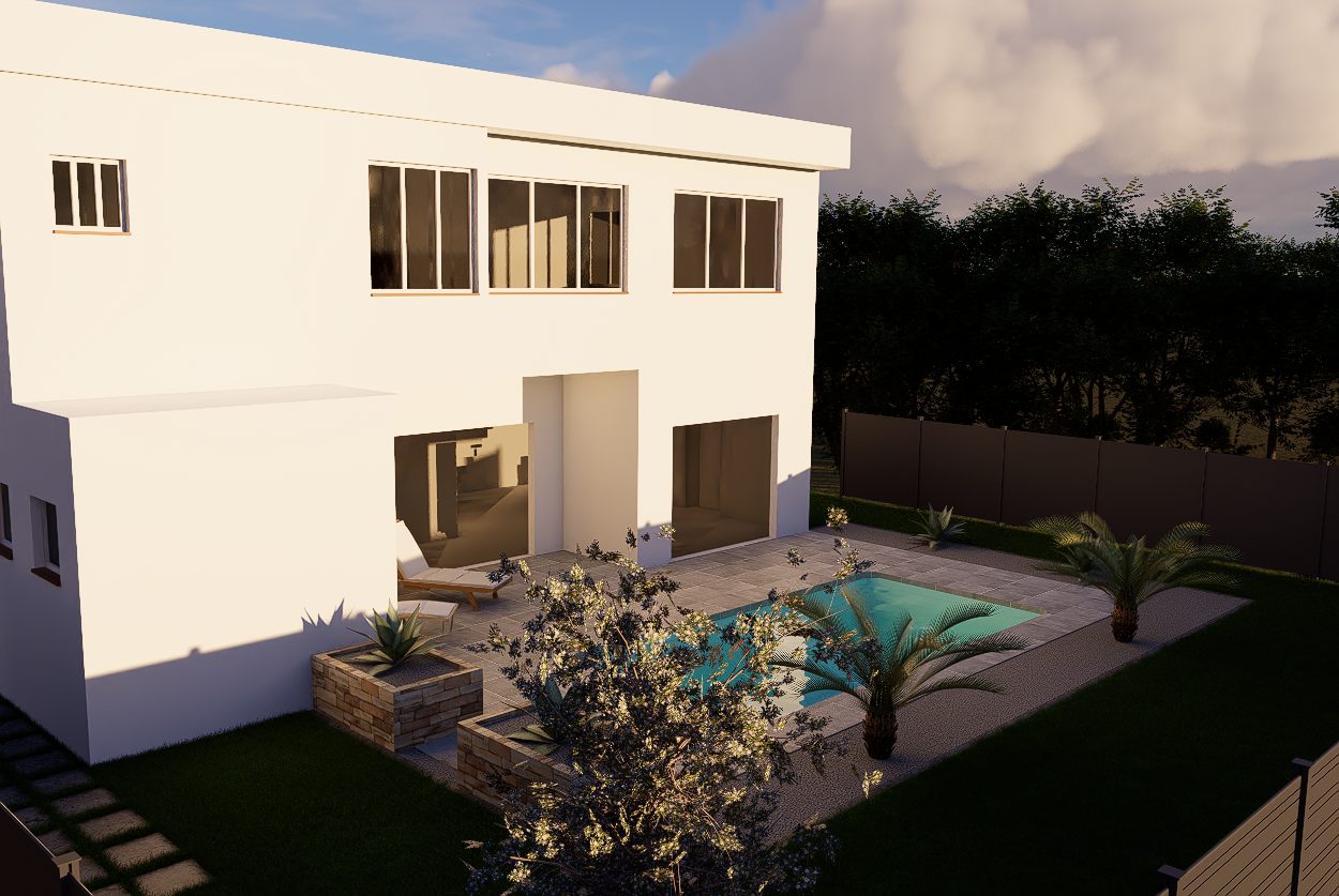 Vue generale du jardin amenage : terrasse ceramique, piscine et massifs mediterraneens
