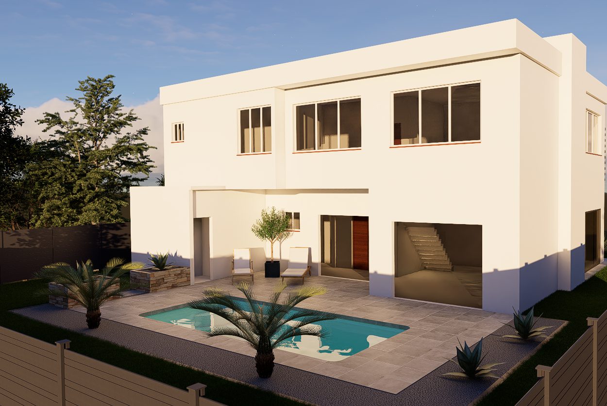 Vue en plongee du jardin avec piscine recentree et massifs de cycas
