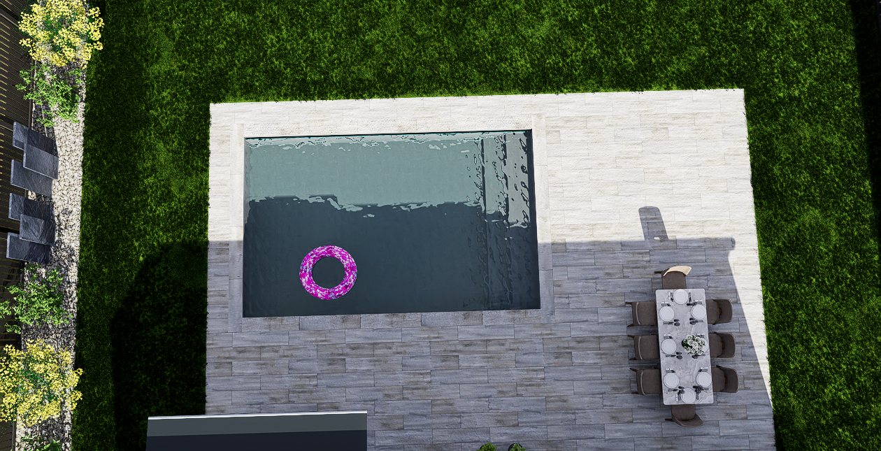 Vue du dessus du projet : piscine rectangulaire, terrasse en dalle claire, table dressee et pelouse, modelisees en 3D par D&C Visions