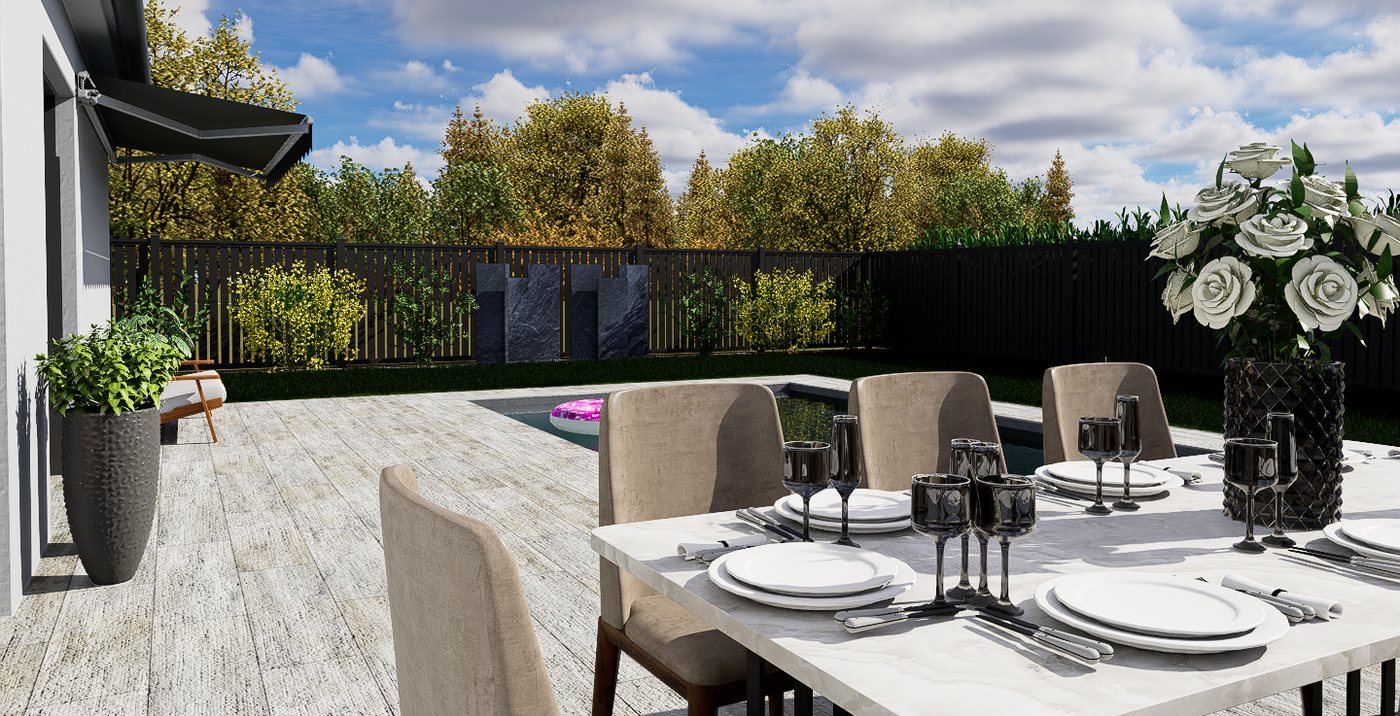 Rendu 3D photorealiste du meme projet, vu depuis la terrasse : table dressee, piscine et cloture anthracite