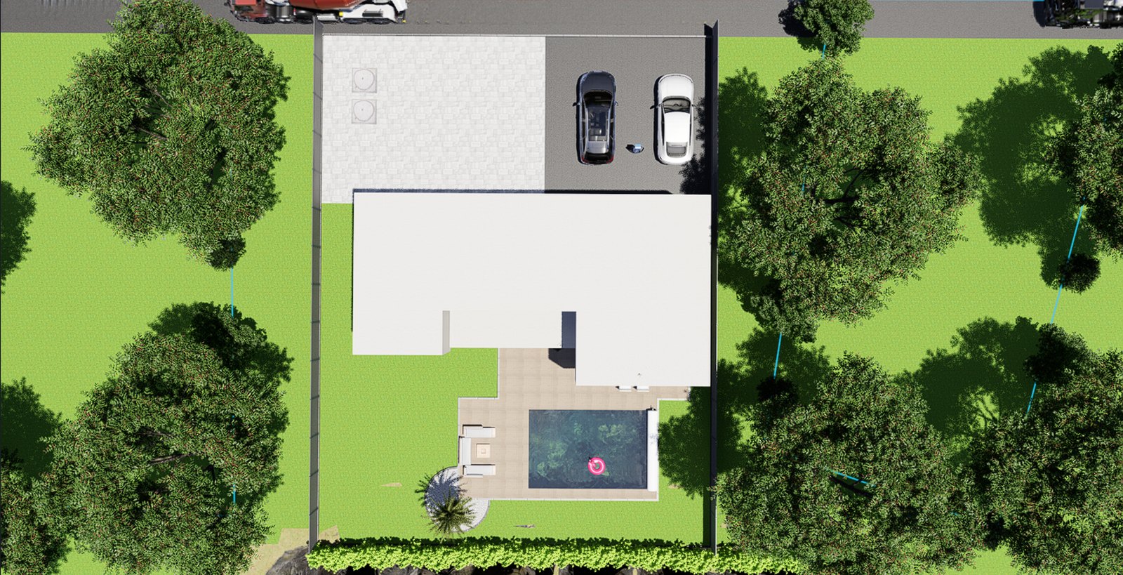 Vue du dessus d'un projet de villa avec piscine, terrasse et stationnement, modelise en 3D par D&C Visions
