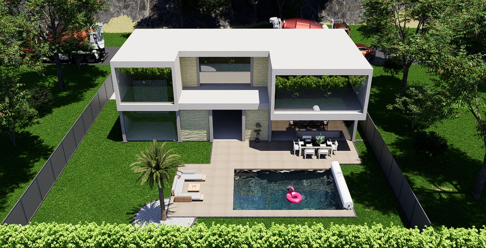 Rendu 3D photorealiste du meme projet : villa contemporaine, piscine, palmier et haies, vue en perspective